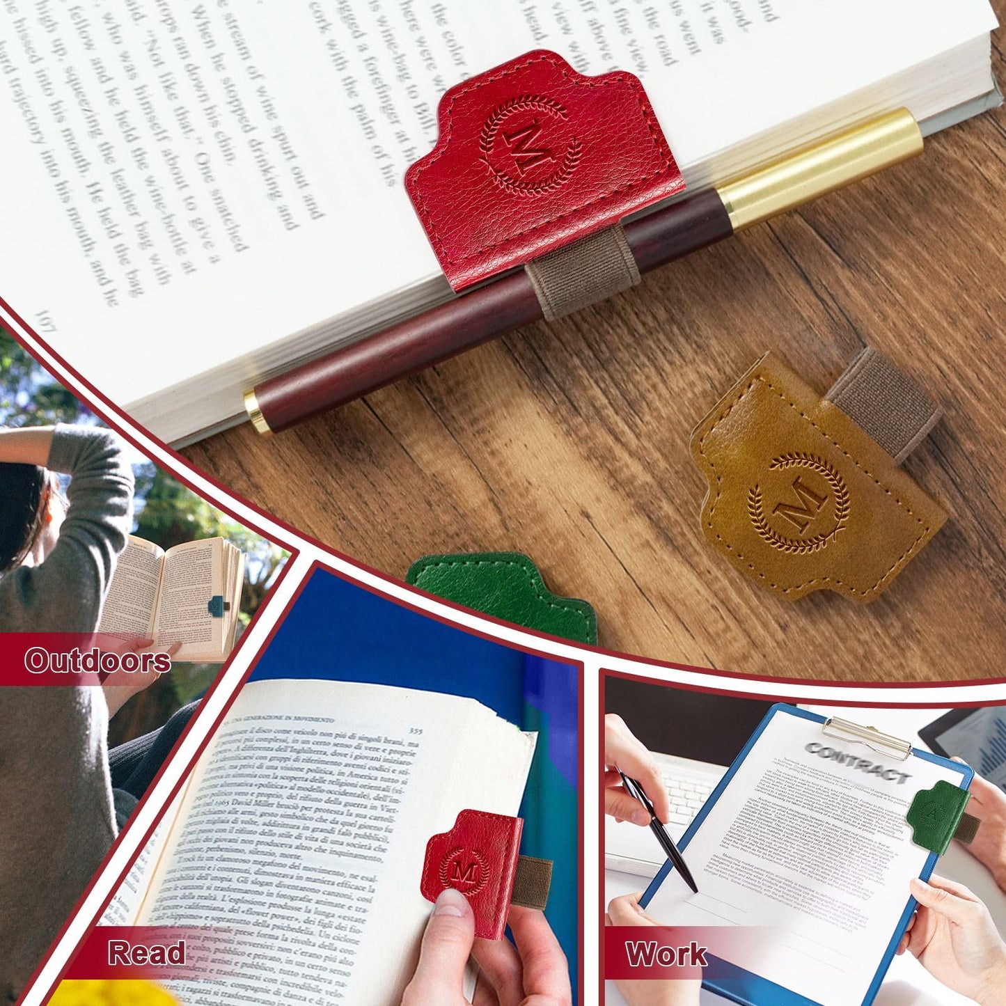 BygoneMark Magnetic Leather Bookmark with Pen Holder, Personalized Custom Initial Page Marker & Pen Clip, Professional Book Accessory for Students (Green-Cross)