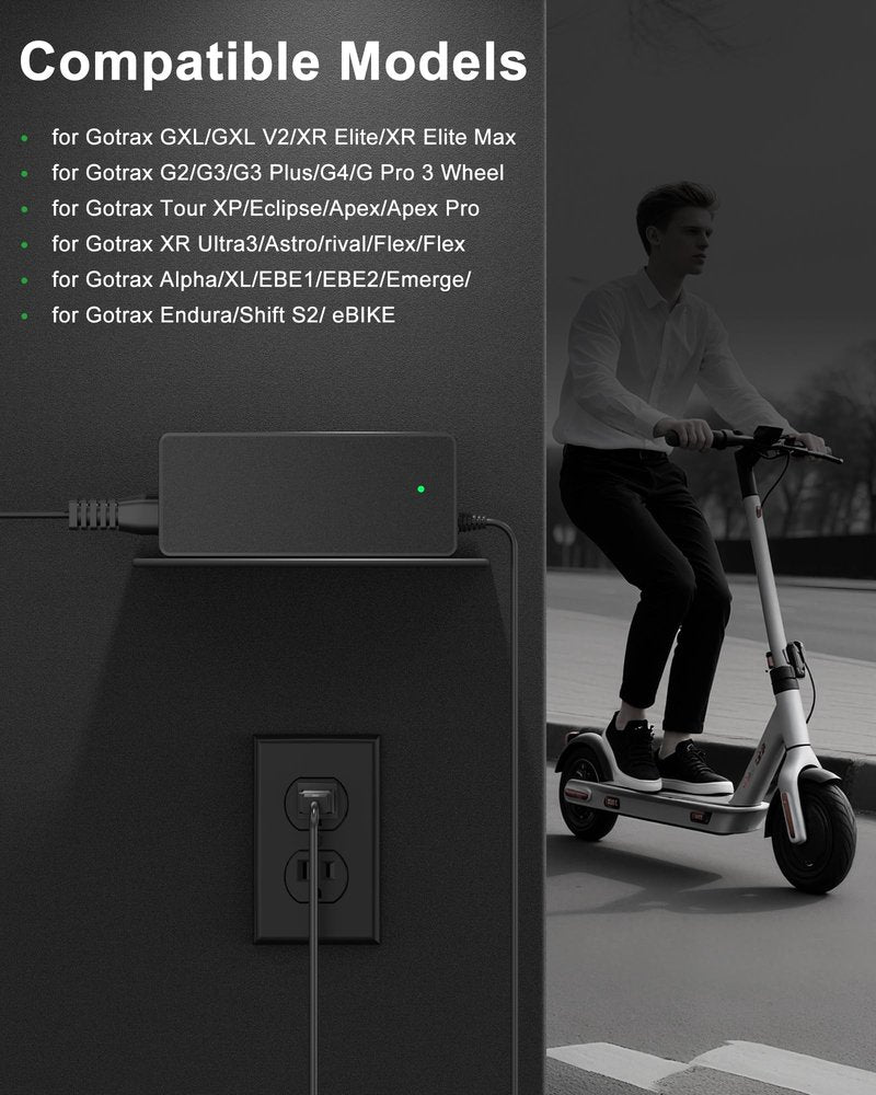 VHBW 42V 2A Electric Scooter Charger–Compatible with GoTrax GXL V2, Apex, XR Ultra, Electric Scooters with 36V Lithium Battery - Round DC Plug (Not 3-Prong or XLR)