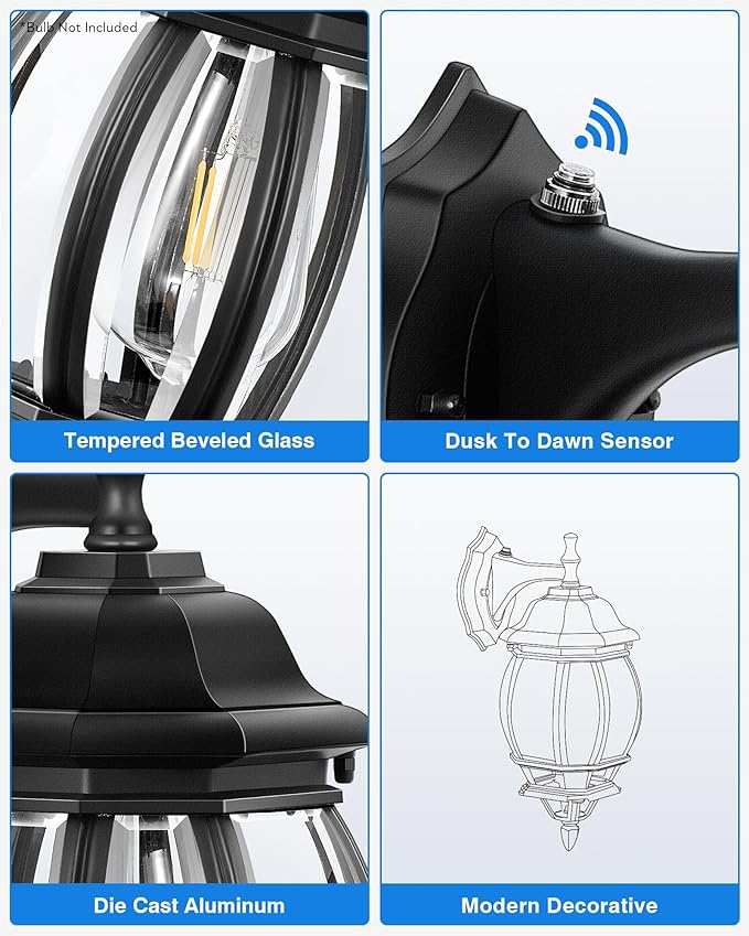 VIANIS Dusk to Dawn Porch Lights Outdoor, Black Exterior Light Fixtures Wall Mount for House, 2 Pack Modern Coach Lights for Garage with Tempered Glass, Anti-rust Outdoor Wall Sconce Lantern for Patio