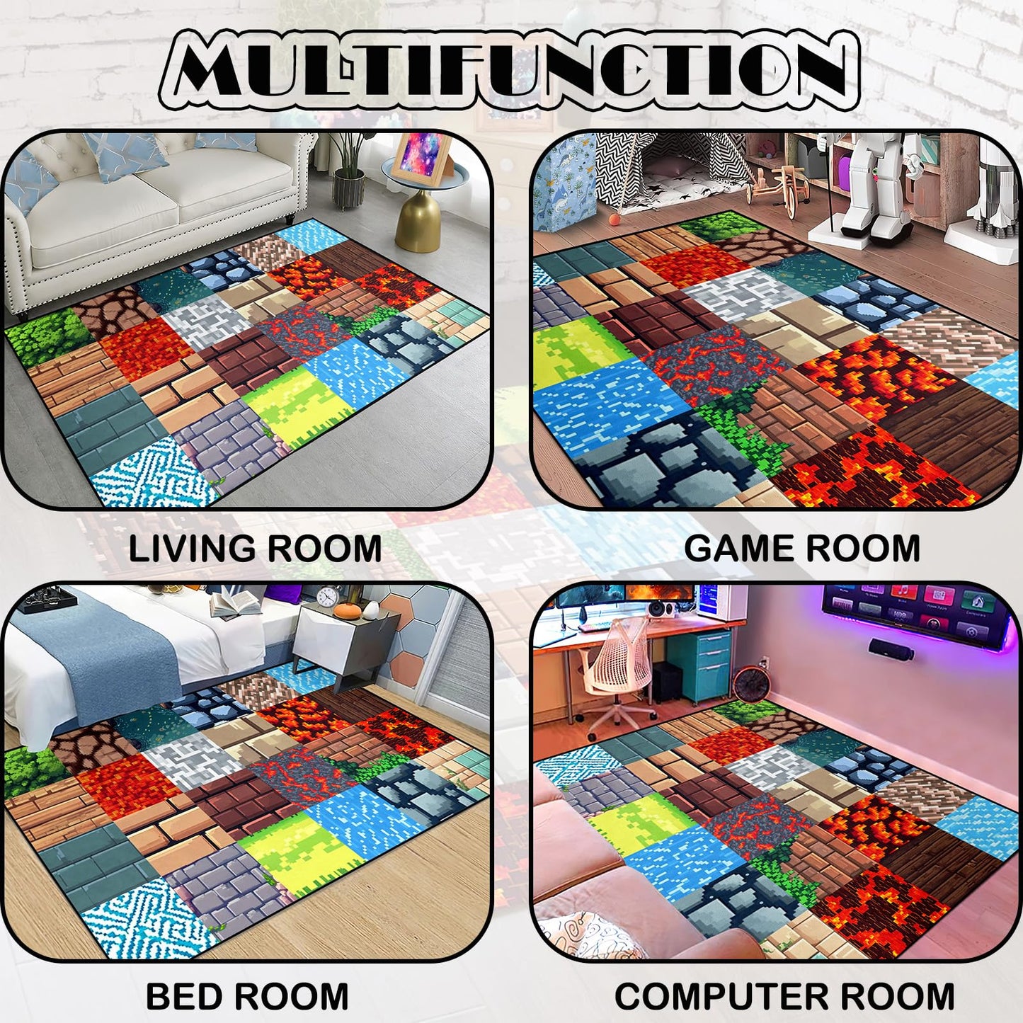 Game Room Rug - Video Game Decor for Boys Bedroom 2'5''x4' Block Theme Carpet Gaming Floor Mat Rugs for Boys Room Decor for Bedroom Living Playroom