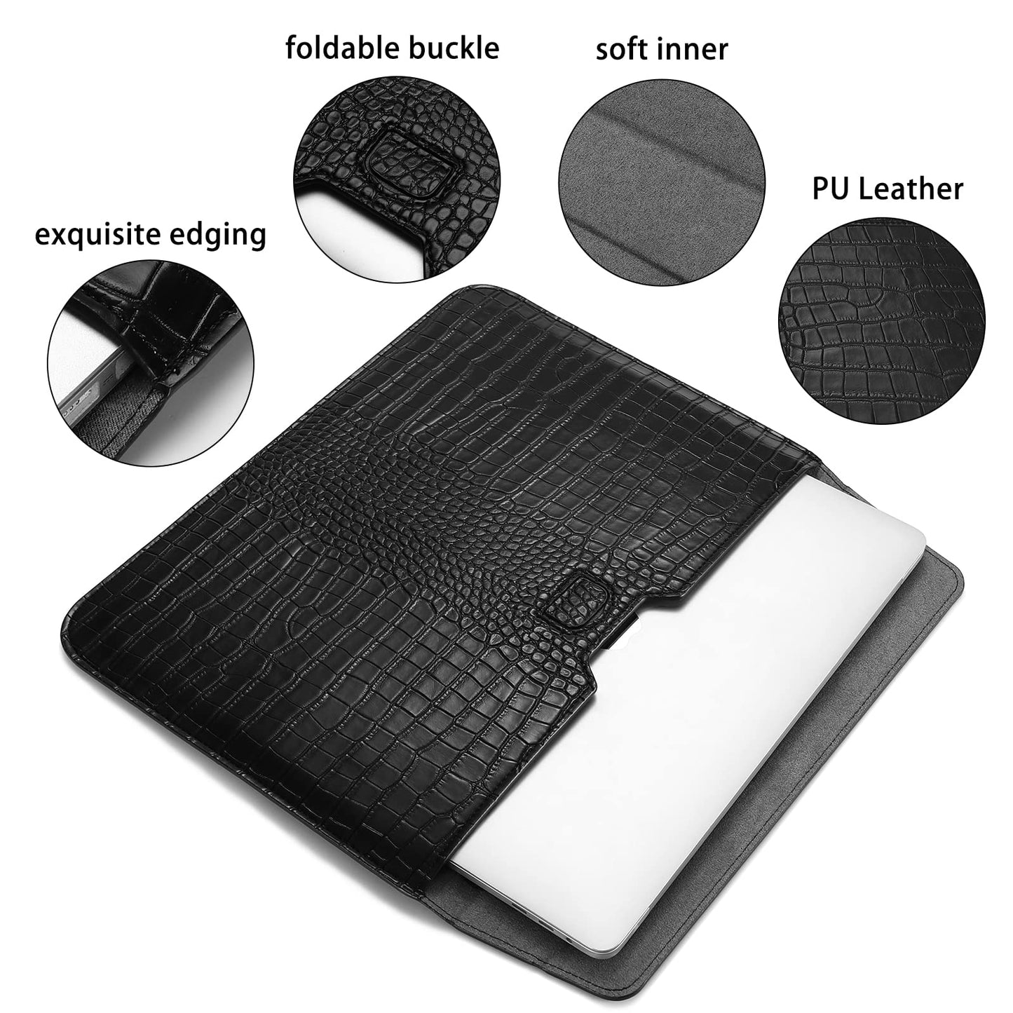 MOSISO Laptop Case 13 inch, 13 inch Laptop Sleeve Compatible with MacBook Neo 13 A18 Pro A3404 Air M4 M3 M2 M1 2026-2018 / Pro M2 M1 2026-2016, Crocodile Grain PU Leather Flap Case Bag, Black