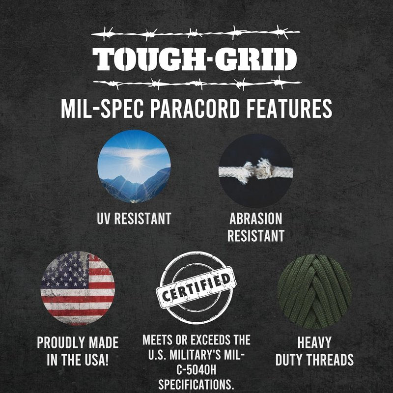 Tough-Grid 550 Paracord Rope - Durable Nylon Survival Cord for Camping, Tactical Gear & Emergency Kits | Made in USA