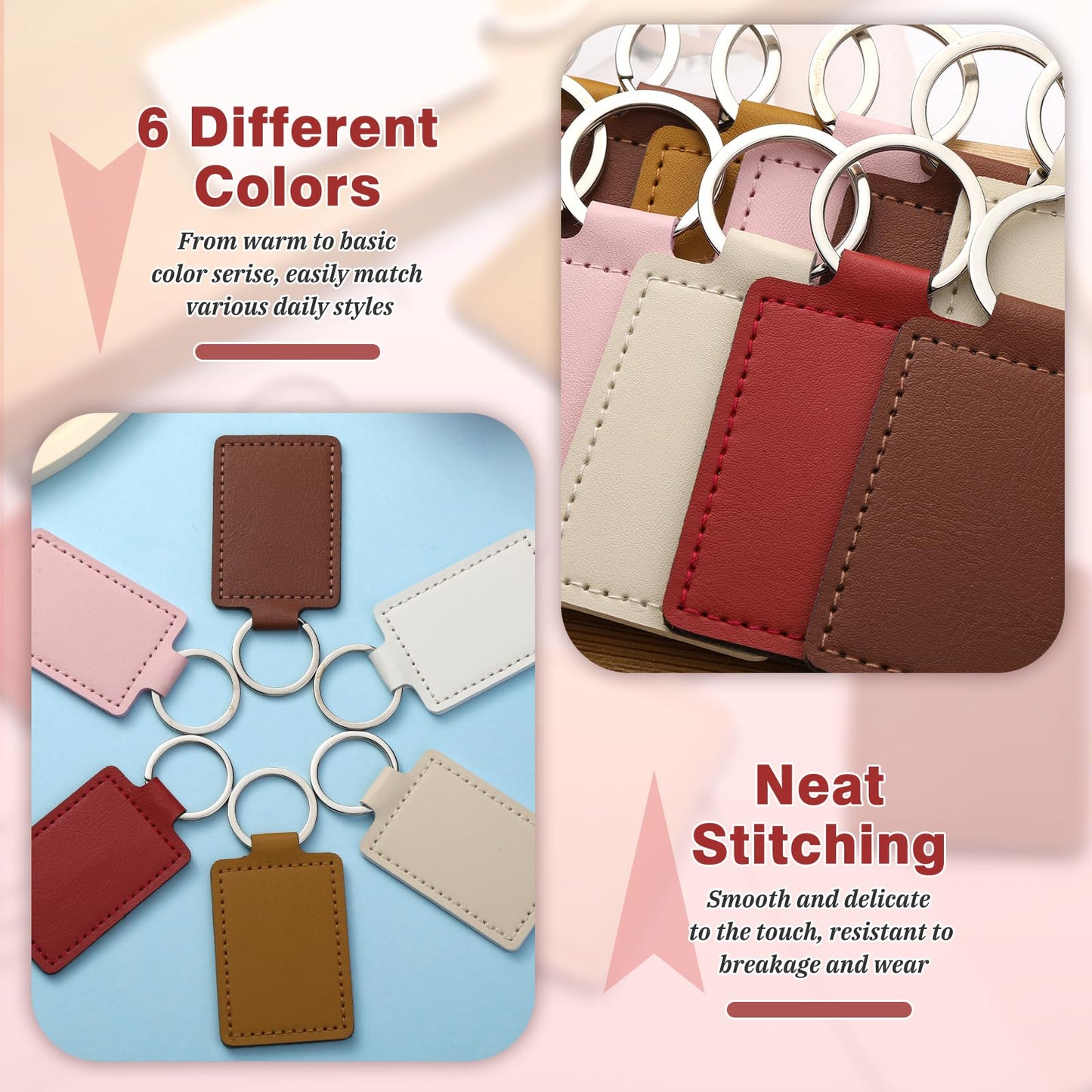 Tikjiua 30 Pcs Leather Key Fob Kit, 6 Colors Leather Keychain Blanks, Rectangular PU Key Chain Blanks with Keychain Rings for DIY Laser Engraving, Stamping Crafts Leather Working