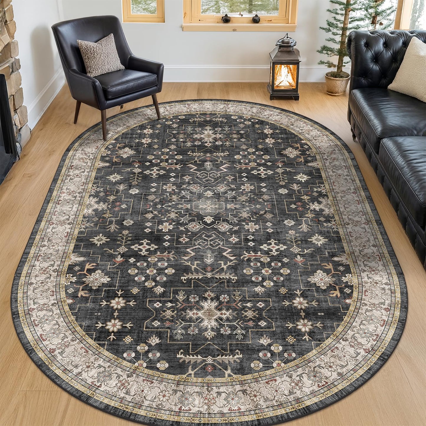 Washable Oval Rug 5x8 - Black Farmhouse Oval Area Rugs for Dining Room, Kitchen Table, Living Room, Bedroom, Reading Corner Rug, Dark Boho Floor Carpet Low Pile Non-Slip & Stain Resistant