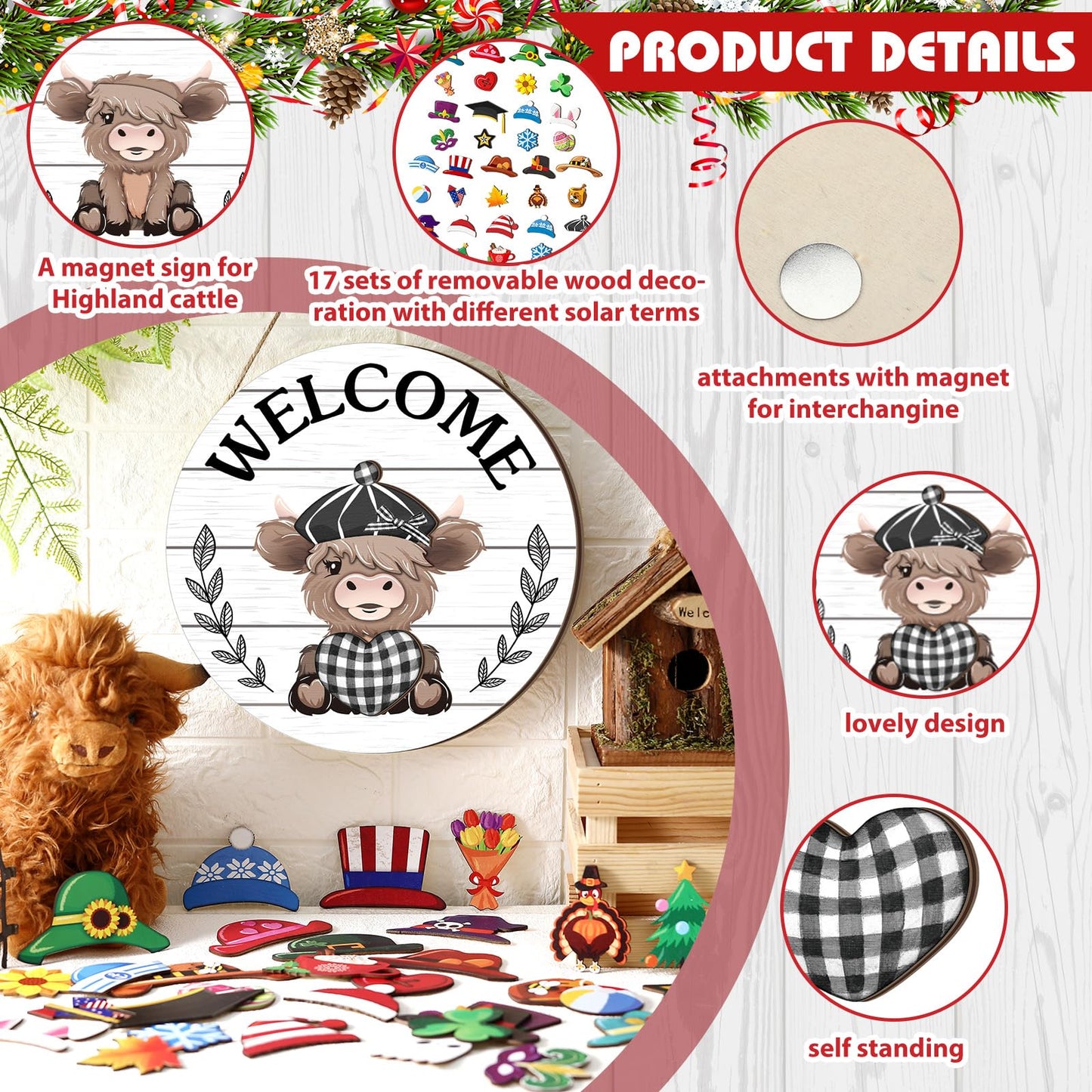 Vicenpal 35 Pcs Patriotic Interchangeable Highland Cow Welcome Sign 4th of July Highland Cow Seasonal Wooden Hanging Door Decor Farmhouse Hanging Sign for All Seasons Holiday Party Decor(White)
