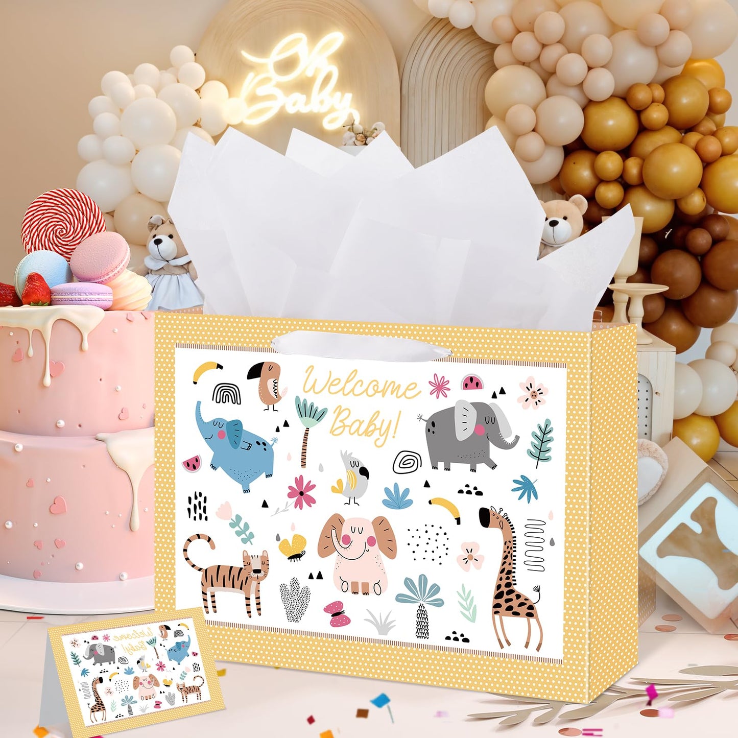 woric 14.5" Baby Gift Bag for Baby Shower with Tissue Paper and Greeting Cards for Boys Girls Birthday Party(Cute Animals)