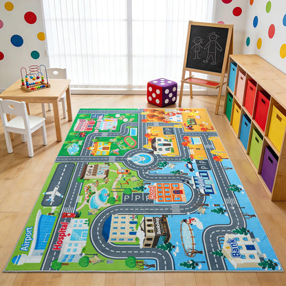 Car Rug for Kids Toy Cars, Town City Track Road Carpet Playmat with Non-Silp Backing, Traffic Playmat for Road Washable Rugs Four Seasons Theme Traffic Mat for Kids Room Bedroom Game Safe Area, 3'x4'