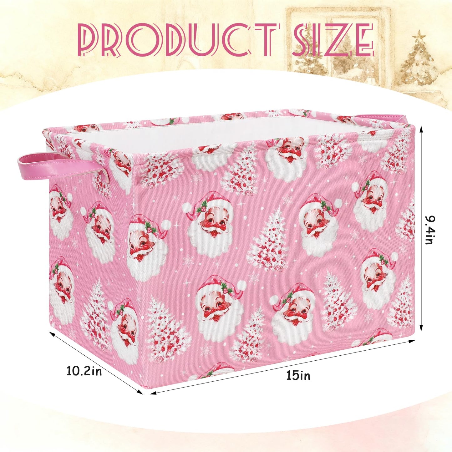 FYSUIMU 2Pcs Pink Christmas Storage Basket Collapsible Canvas Organizer Cute Xmas Tree Santa Fabric Storage Bin with Handles for Shelf Closet Holiday Home Organizer Decor