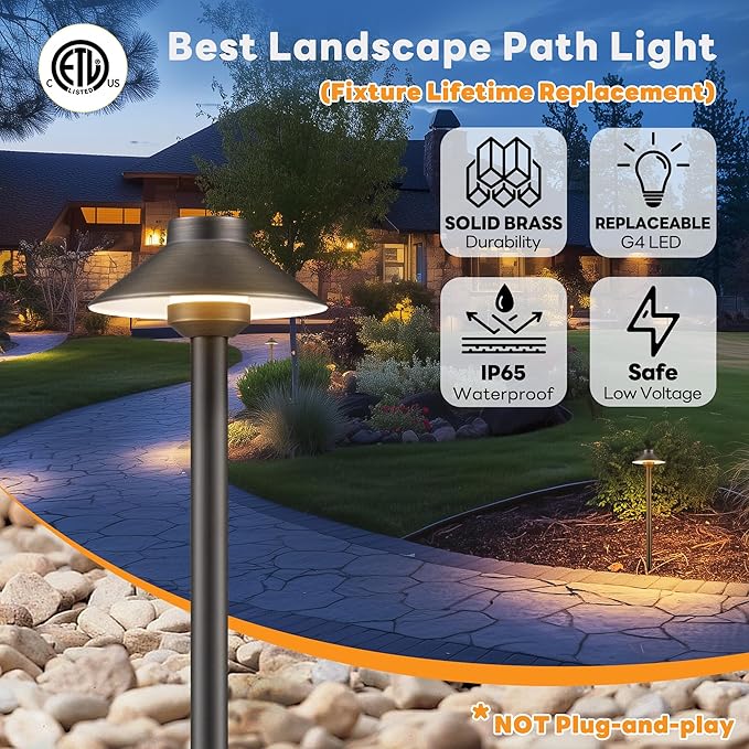 Gardenreet Low Voltage Landscape Lighting Brass - 12v Pathway Lights IP65 Waterproof, Hard Wired Path Light Outdoor, Mushroom-top Bronze for Exterior Area Patio House G4 Bulb Not Included (4 Pack)
