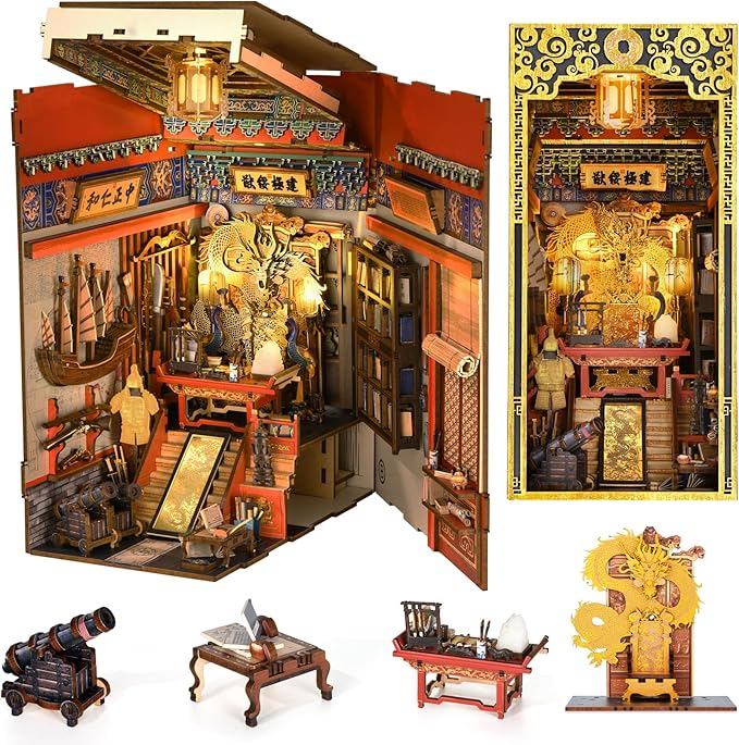 Book Nook Kit DIY Dollhouse Booknook Book Nook Miniature Kit for Bookshelf Insert Decor Crafts for Adults Teen Halloween 3D Wooden Puzzle with Led Light (The Emperor's Study)