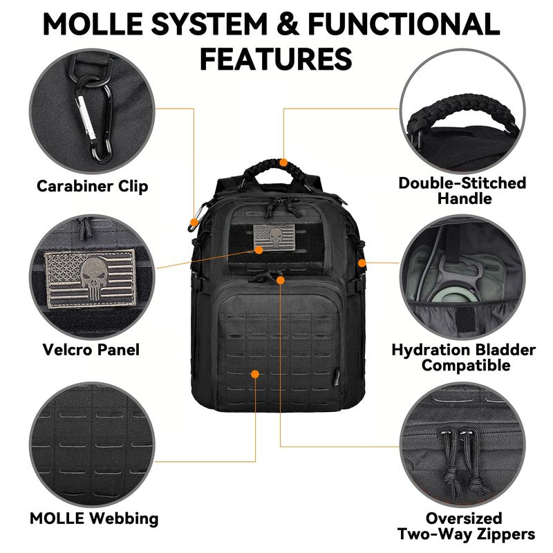 AZULDEZ Military Tactical Backpack for Men, Molle EDC Daypack Work Backpack for Trekking, Army 3 Days Assault Pack & Bug Out Bag with Water Bladder Compartment, Hiking Rucksack