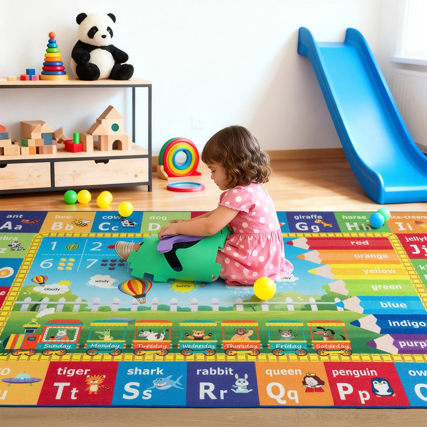 ST. BRIDGE Educational Kids Area Rug 6x9 Feet, Non Slip Play Mat Learning with ABC Alphabet, Numbers & Animals for Preschool Toddler, Soft Washable Carpet for Playroom Nursery Classroom Bedroom