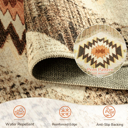 Area Rug 8x10 Rug Machine Washable Non-Slip Low Pile Print Pattern Western Rug for Living Room Bedroom Entryway Tribal Series -Cream/Camel