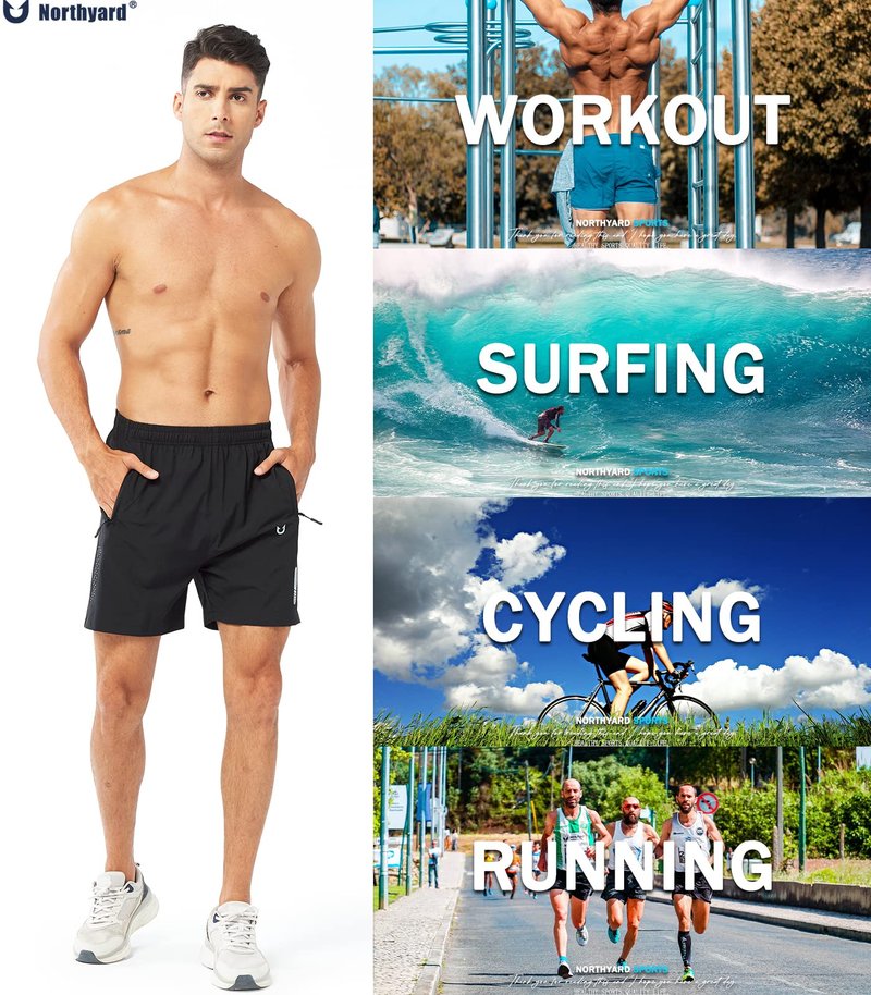 NORTHYARD Men's Athletic Running Shorts Gym Workout 7"/9"/5" Quick Dry Lightweight Sports Basketball Tennis 3 Zipper Pockets Black-5inch L