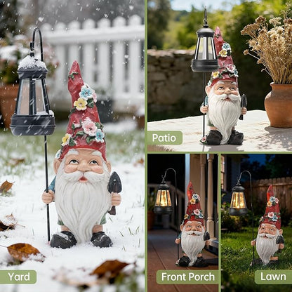 Outdoor Garden Gnome Statue with Solar Light – Outdoor Resin Decor Weatherproof Yard Lawn Ornament with LED Lantern Light Figurine for Patio, Porch, Landscape Housewarming