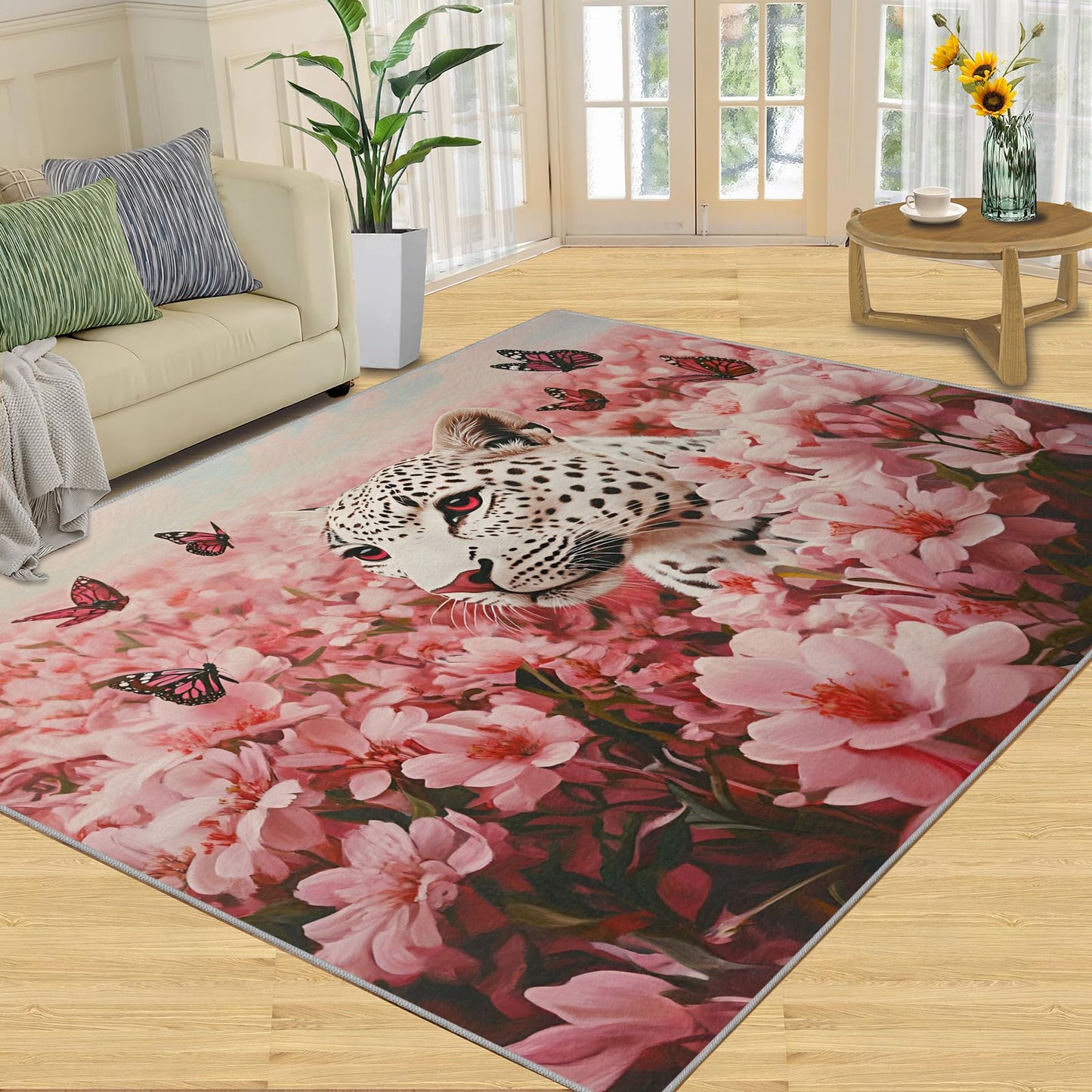 White Leopard Area Rug 3x5ft Floral Rug, Pink Flower Rugs for Living Room, Machine Washable Rugs, Indoor Non-Slip Carpet for Bedroom Dorm Classroom Decor
