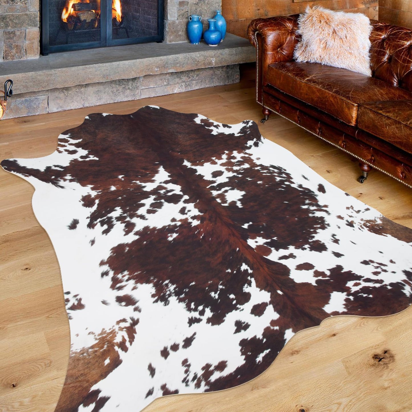 Cow Hide Rug Faux Cowhide Rug 4.6x5.2 ft Small Cow Print Cow Rugs for Bedroom Living Room Dining Room Western Decor Brown Animal Print Non Slip Area Carpet