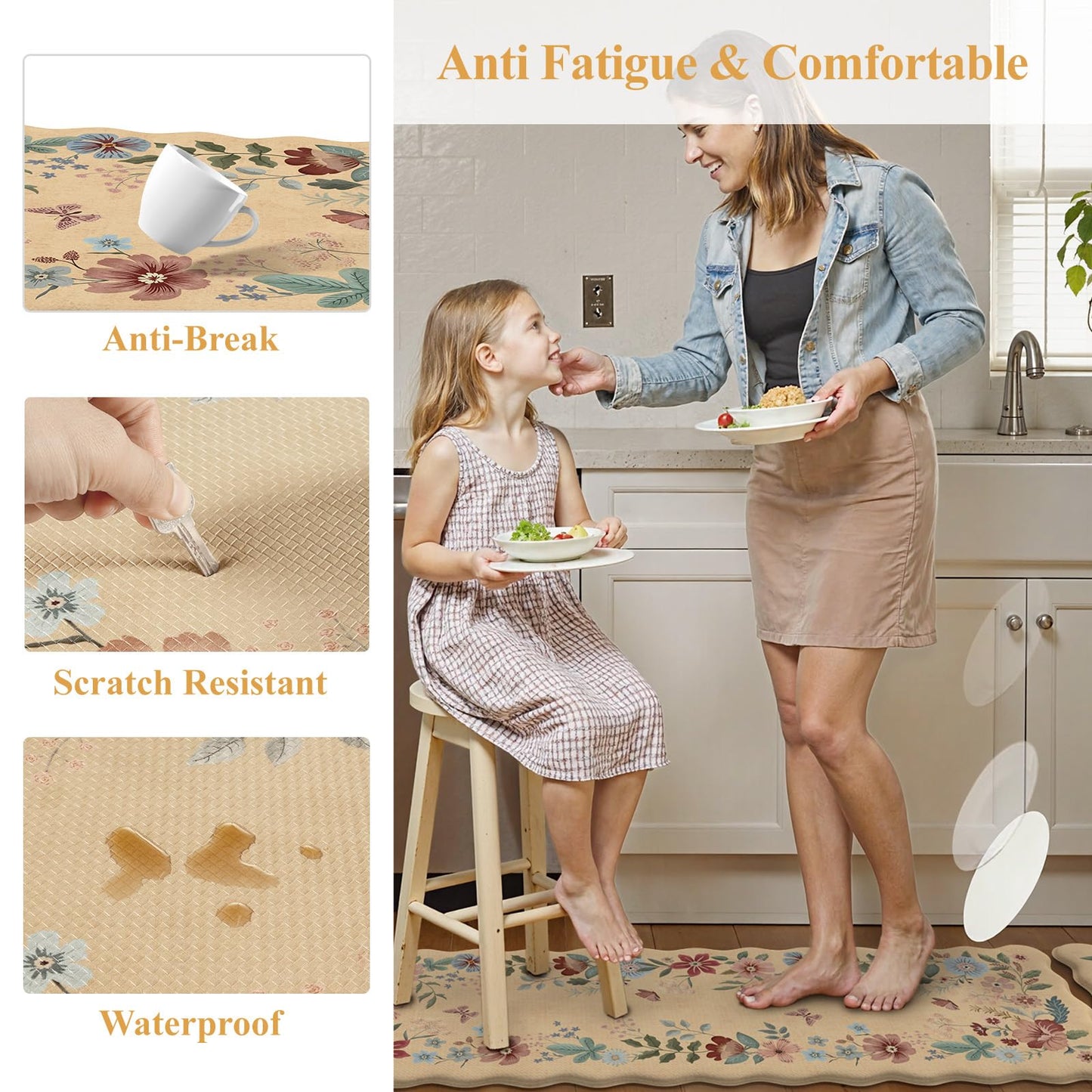 Collive Kitchen Floor Mat Cushioned Anti Fatigue, Scalloped Waterproof Kitchen Sink Rugs Non Skid Sets of 2, Memory Foam Comfort Standing Mats Boho Floral Desk Carpet for Laundry, Office, Home Decor