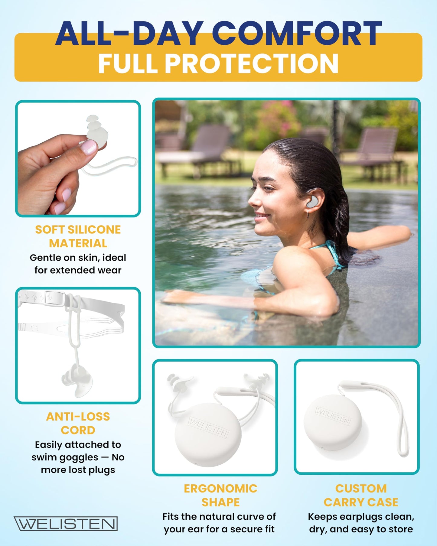 Swimming Ear Plugs, Soft Silicone Waterproof Earplugs with Strap & Custom Case,Reusable Swim Earplugs for Swimming Surfing Snorkeling and Other Water Sports (Adults & Teens 14+)