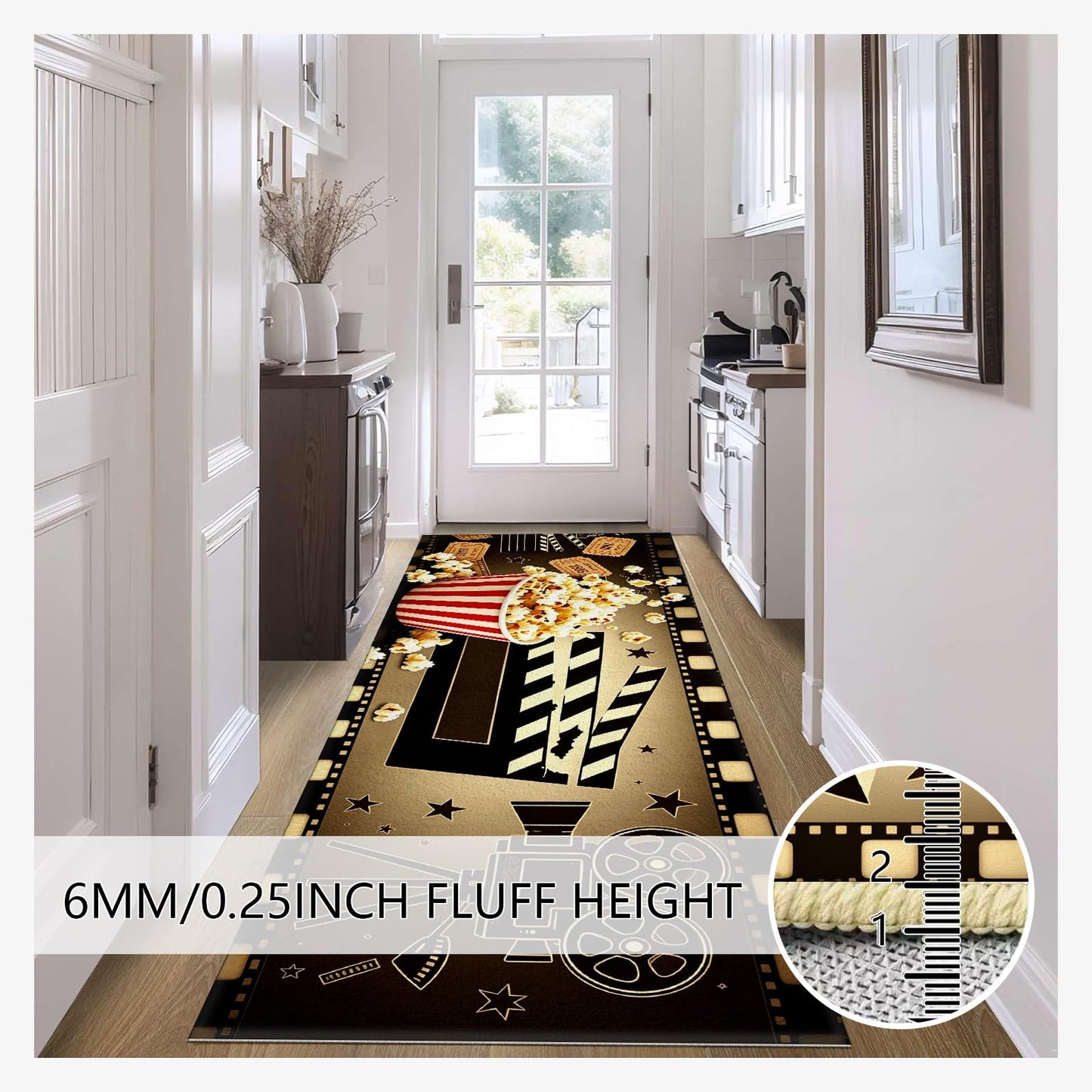 Egljss Movie Theater Rugs 4x10 - Popcorn Rugs for Kitchen, Cinema Clapboard Runner Rug for Hallway, Filmstrip Movie Area Rug Non Slip Washable, Film Popcorn Carpets for Living Room - Theater Decor