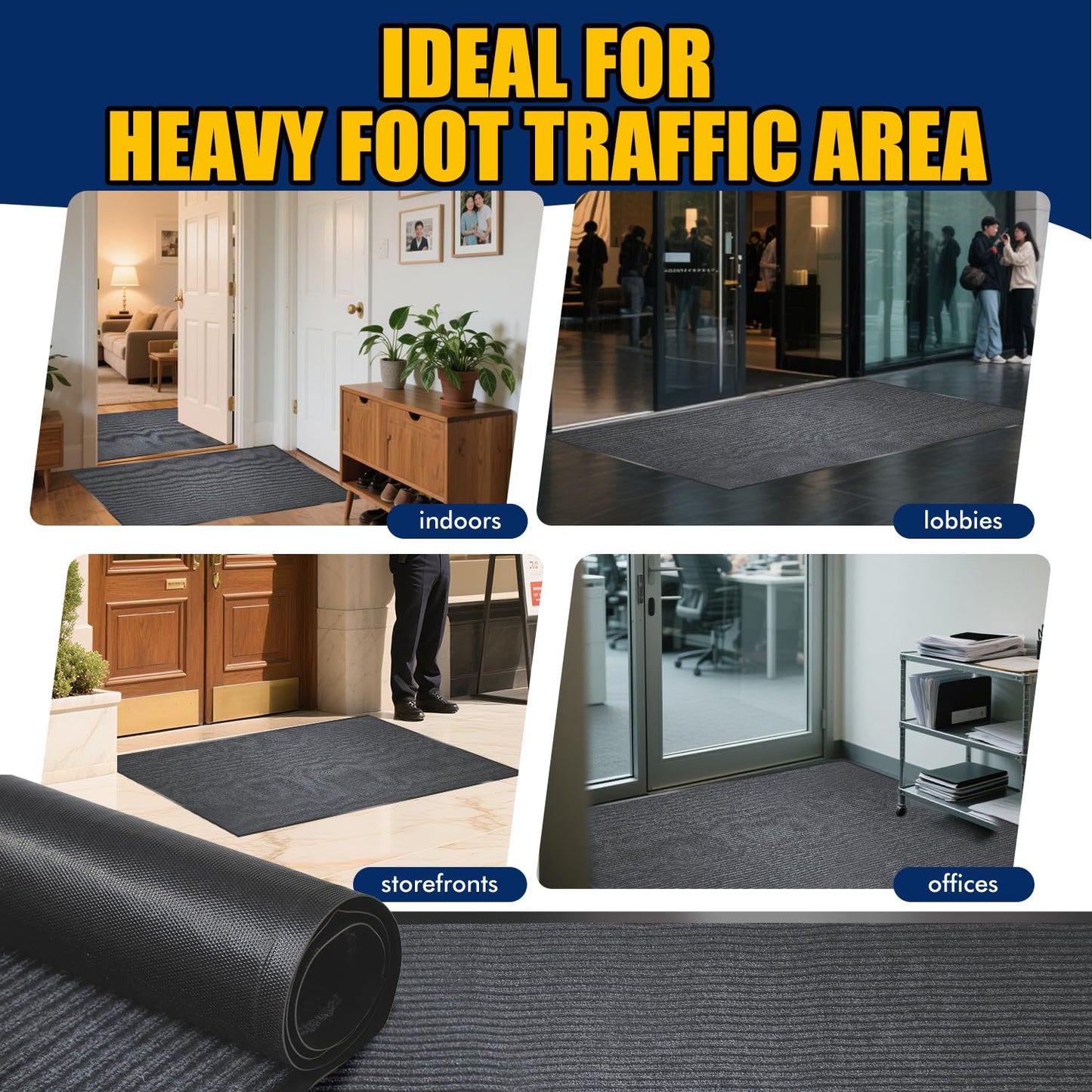 Extra Large Indoor/Outdoor Entrance Mat - 4 x 5 Feet, Rubber Border Door Mat Heavy Duty, Waterproof, Low-Profile, Easy to Clean, Rubber Entry Mat, Commercial Floor Mat, Charcoal Grey