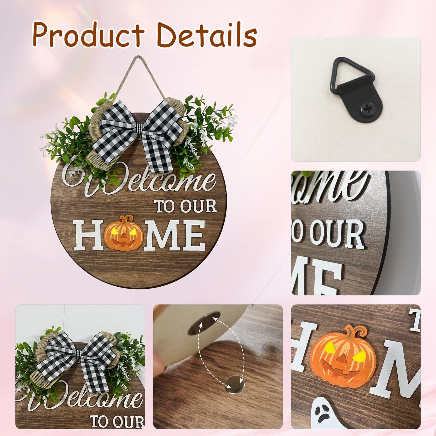 VPDTVK Interchangeable Seasonal Welcome Sign Front Door Decoration, Rustic Round Wood Wreaths Wall Hanging Outdoor Decor for Spring Summer Autumn and Winter All Seasons Holiday Halloween Christmas