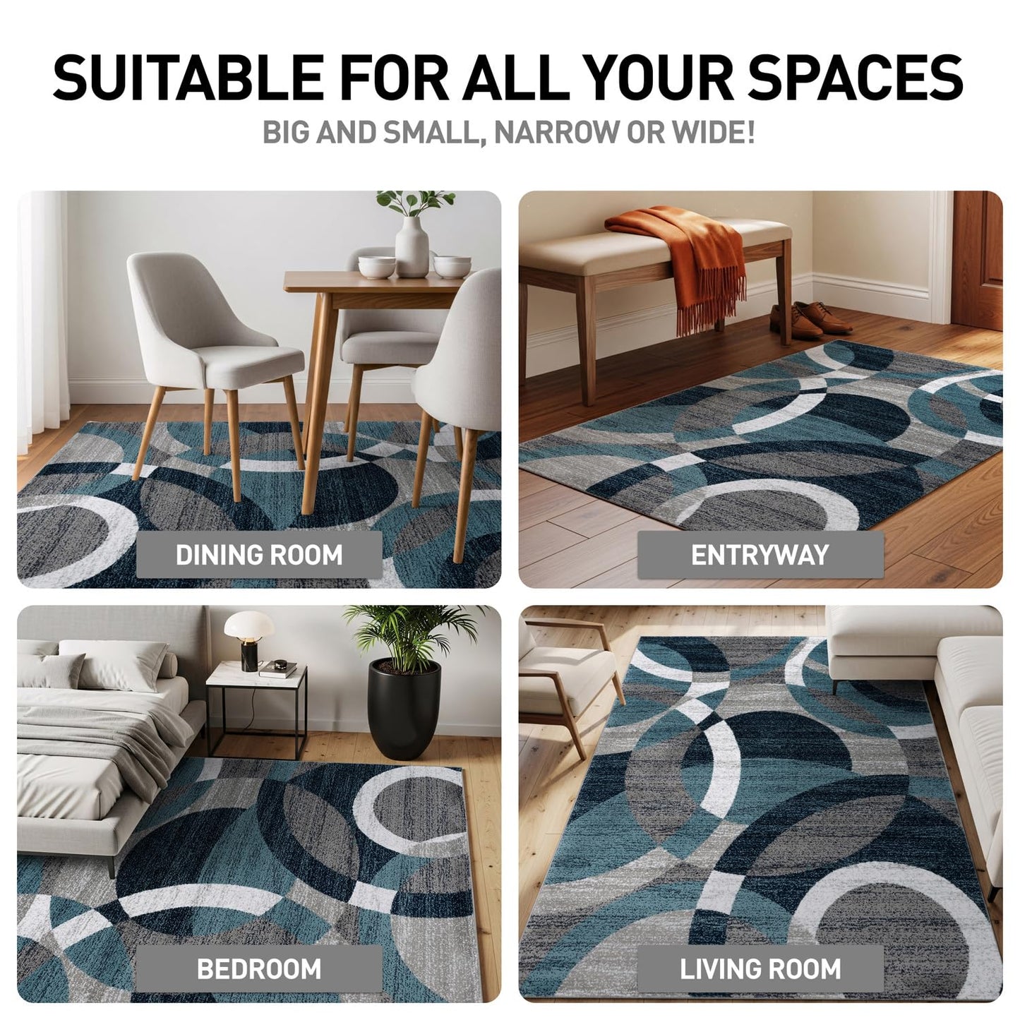 Rugshop Blue Modern Geometric Indoor Area Rug, Overlapping Circle Pattern, Fade Resistant, Non-Shedding, for Living Room, Bedroom and Home Office, 5'3" x 7'3"