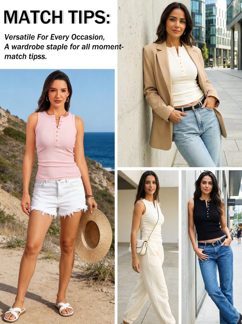 Prettywear Sleeveless Henley Tank Tops for Women Ribbed Racerback Button Fit Casual Basic 2026 Spring Summer Fashion Clothing White
