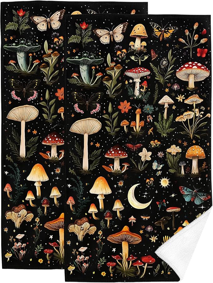Mushroom Moth Hand Towels for Bathroom Set of 2, Witchy Gifts for Women, Absorbent Black Decorative Bath Towels for Spa Yoga Gym Sport Farmhouse Kitchen Mushroom Bathroom Decor 14"x28"