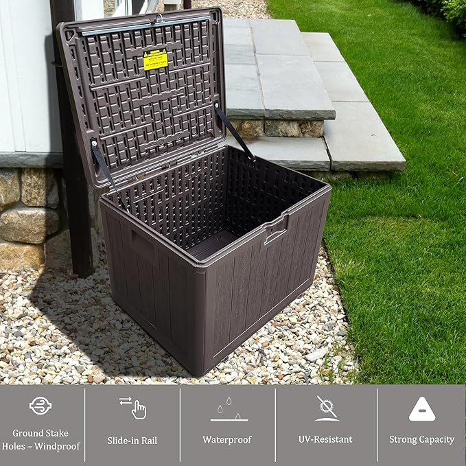 TARKARI Premium Pro Edition 35 Gallon Lockable Resin Deck Box, Waterproof & UV-Resistant Outdoor Storage Box for Outdoor Storage, Garden Tools & Pool Accessories Storage, Brown