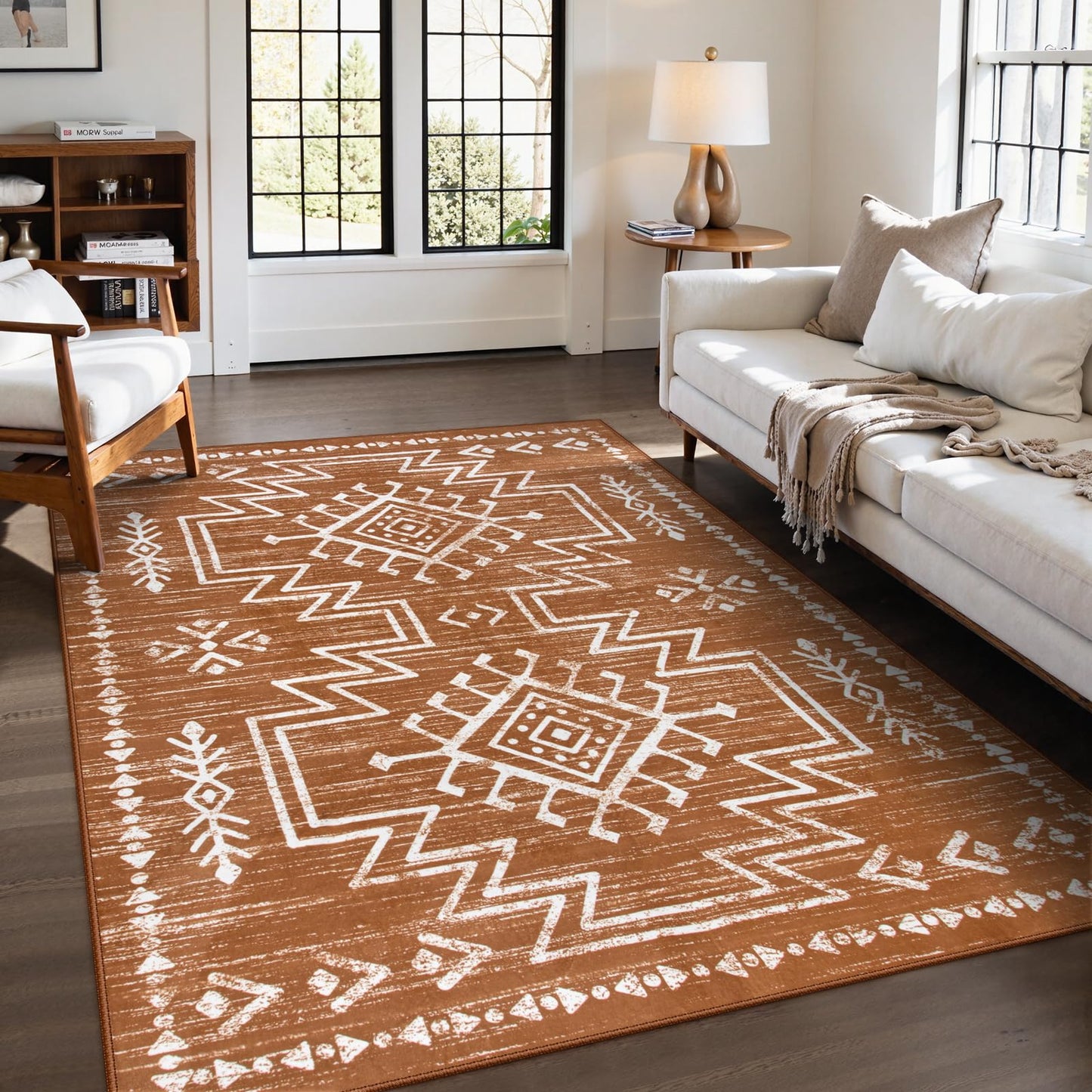 Lahome Vivienne 5x7 Boho Rugs for Living Room, Washable Bedroom Western Area Rug, Low Pile Soft Burnt Orange Carpet, Stain Resistant Distressed Fall Rug Aztec Carpets for Dining Room