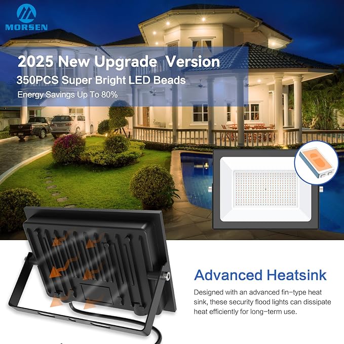 MORSEN 300W Warm White Led Flood Lights Outdoor, 3000K Super Bright 45000LM Security Lights with Plug,Exterior IP66 Waterproof FloodLight for Basketball Court, Yard, Garden, Playground 2 Pack