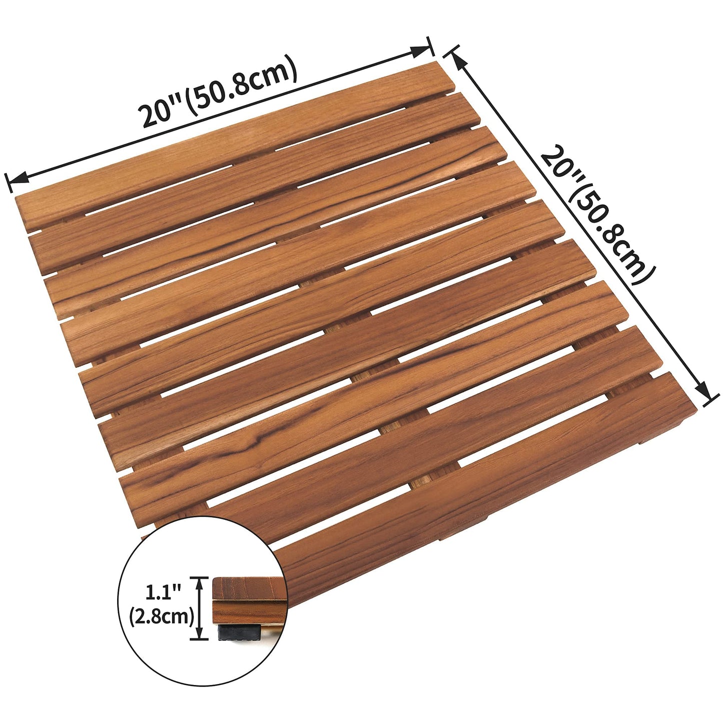 VaeFae Teak Shower Mat, Non-Slip Bath Mat, Luxury Spa Mat, Wooden Mat for Bathtub, 20 x 20 in