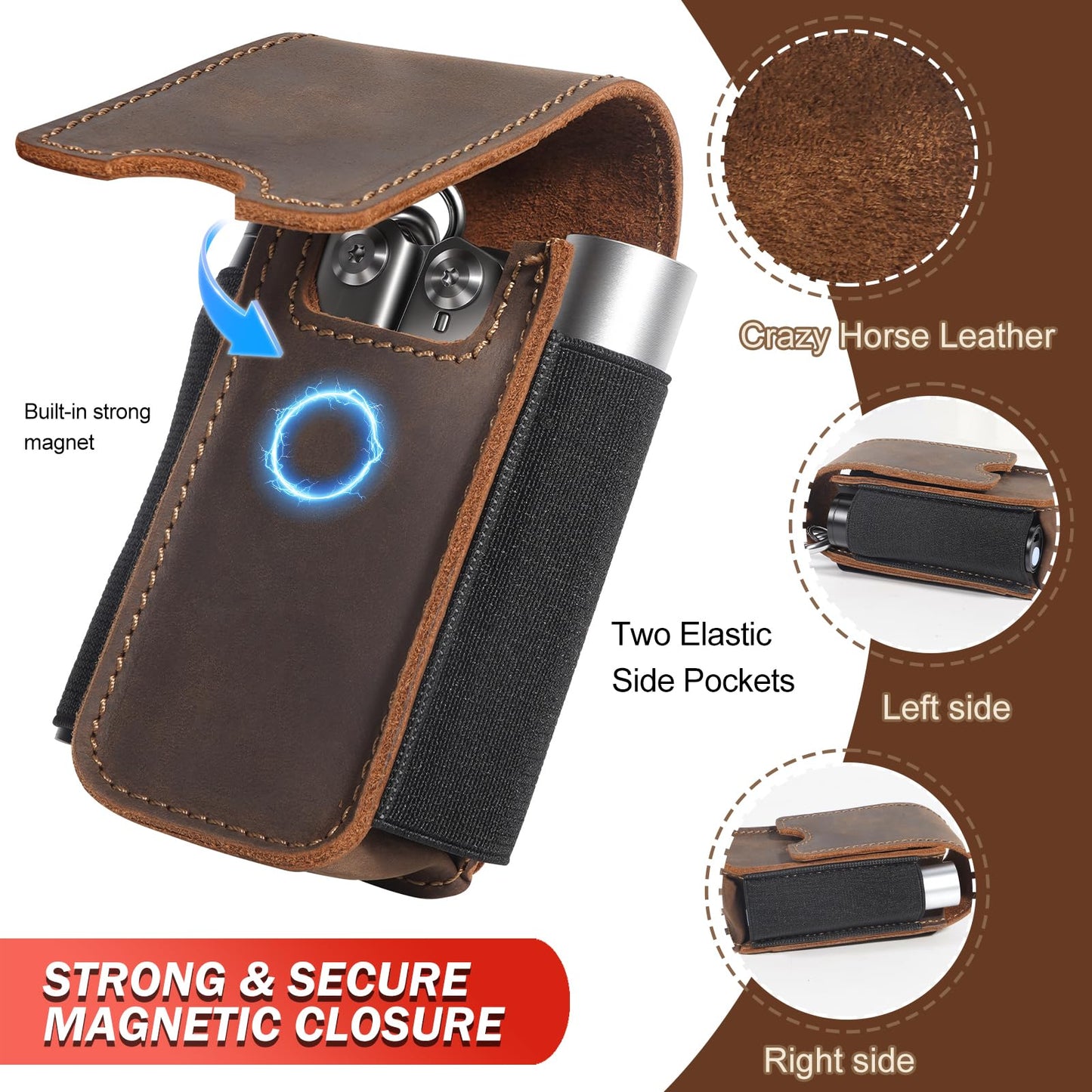 Vinanker Genuine Leather Multitool Pouch for Leatherman, EDC Belt Organizer Holster with Dual-Compartment Multitool Sheath for Men (Darkbrown)