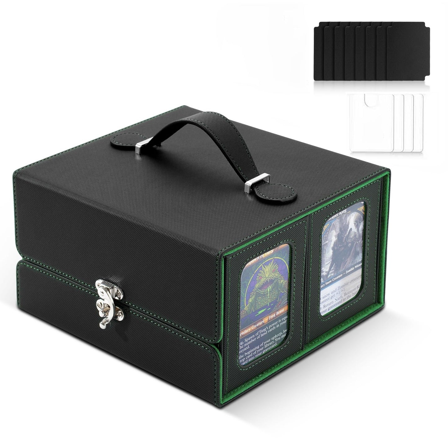 MTG Deck Box with Commander Display,Fits 400+ Double-Sleeved for TCG Cards,5-in-1 Card Storage Box with Handle,Removable Deck Case＆Dice Tray(Black & Green)