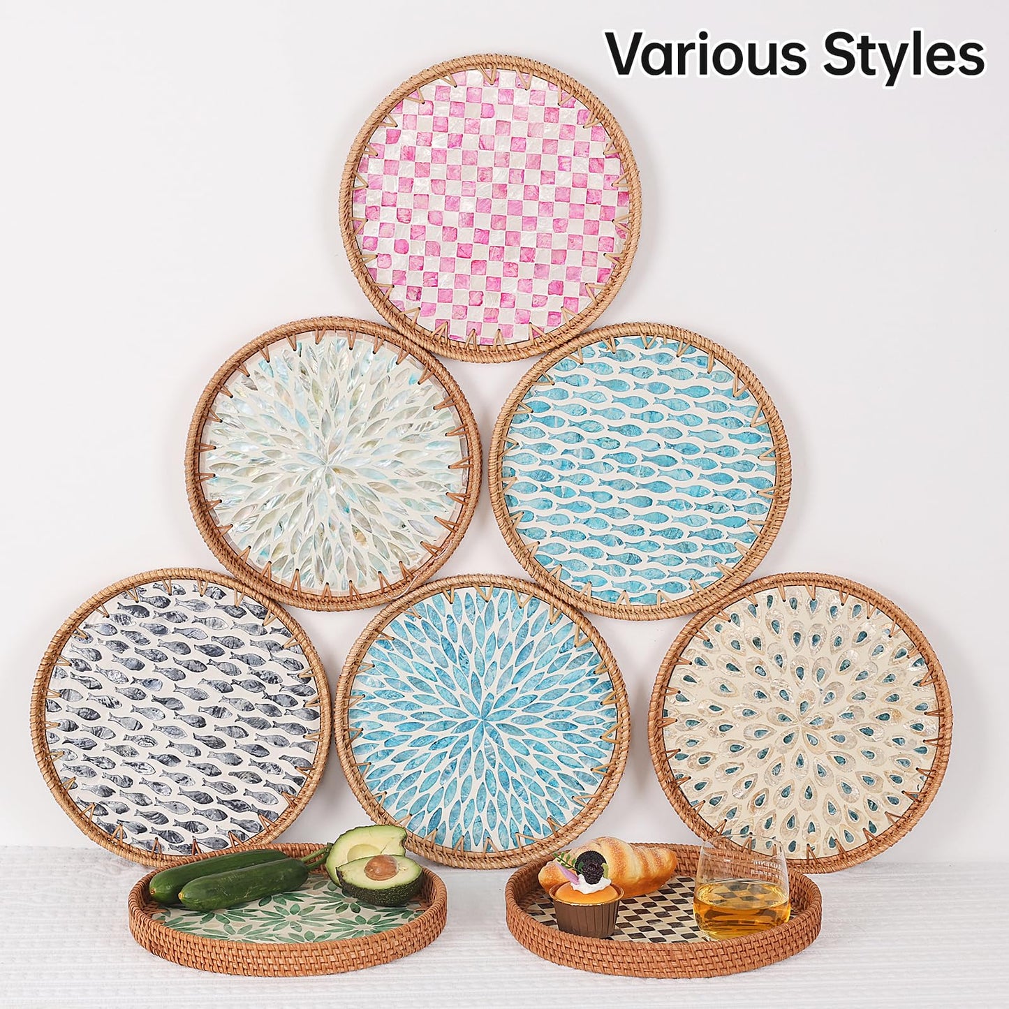 Tynulox Round Rattan Tray with Mother of Pearl Inlay, Rattan Serving Tray for Coffee, Bread, Fruits, Decorative Wicker Tray for Table Decor, Home Decor, Kitchen Island Decor(Pink Checkerboard, 11.8")