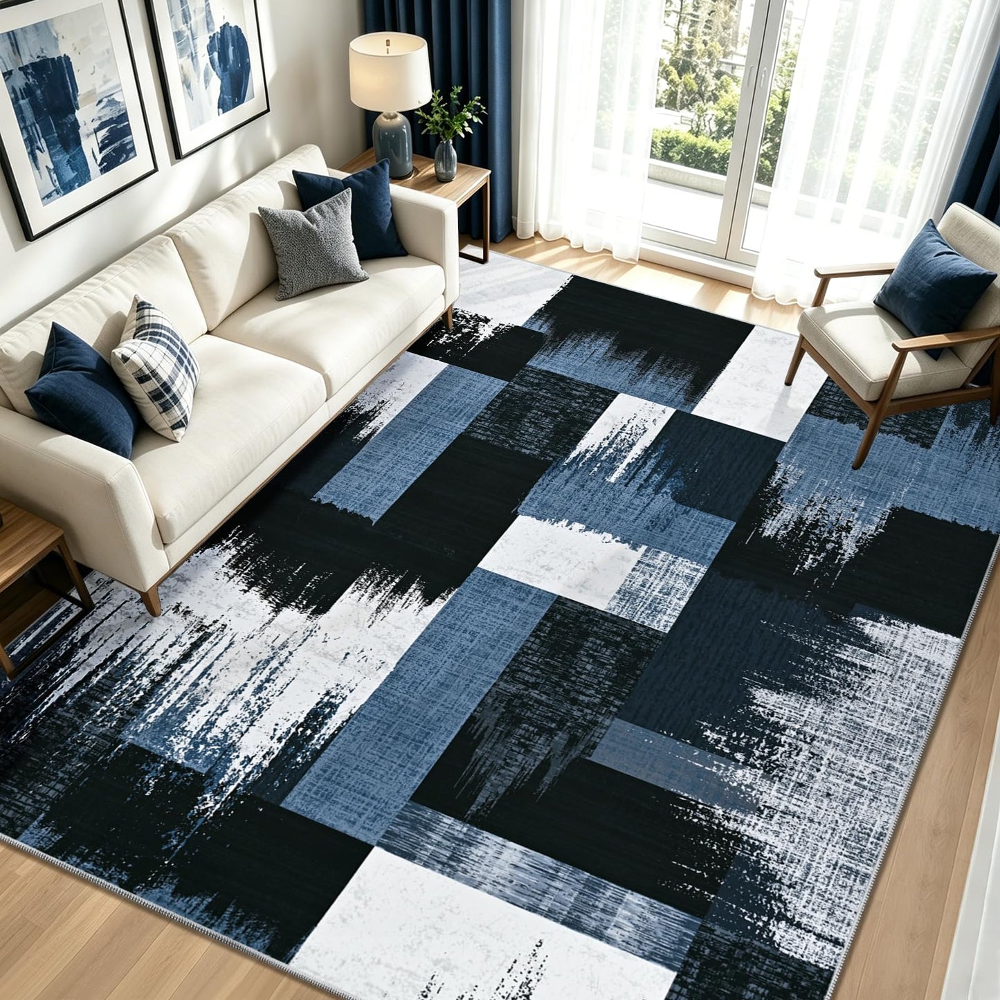 Yinhua Geometric 5x8 Area Rug for Living Room Modern Patchwork Rugs for Bedroom Low Pile Rugs Washable Non Slip, Soft Faux Wool Area Rug for Home Office, Dining Room, Blue and Gray Carpet