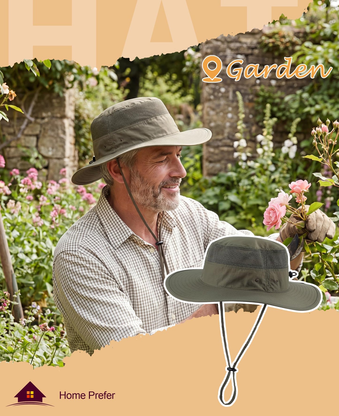Home Prefer Men's Sun Hat UPF 50+ Wide Brim Bucket Hat Windproof Fishing Hats (Light Army Green)
