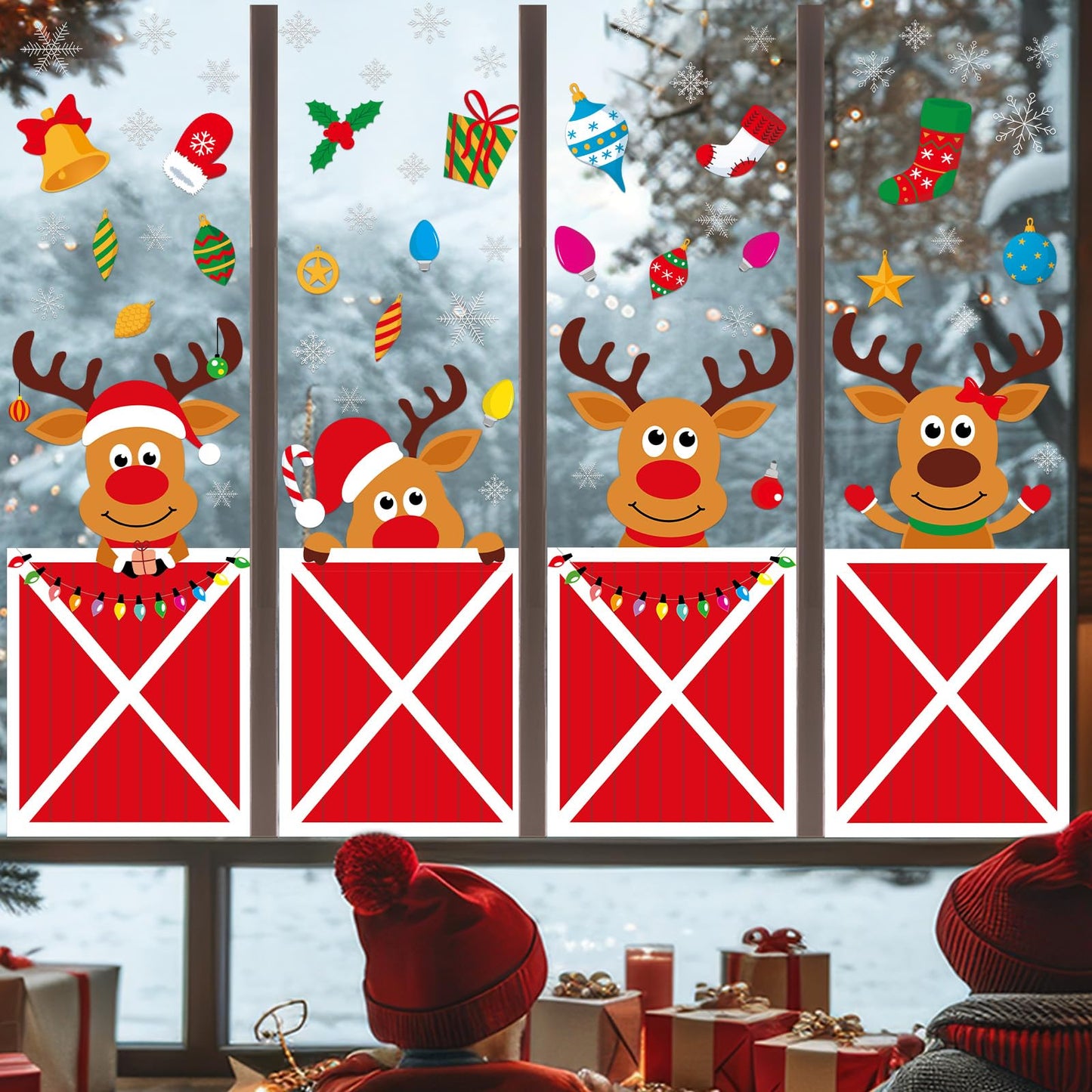 Christmas Deer Large Size Window Clings Decorations Reindeer Stable Window Decal Christmas Elk Winter Snowflake Reusable DIY Static Wall Door Sticker for Xmas Holiday Party Home Classroom Office Decor
