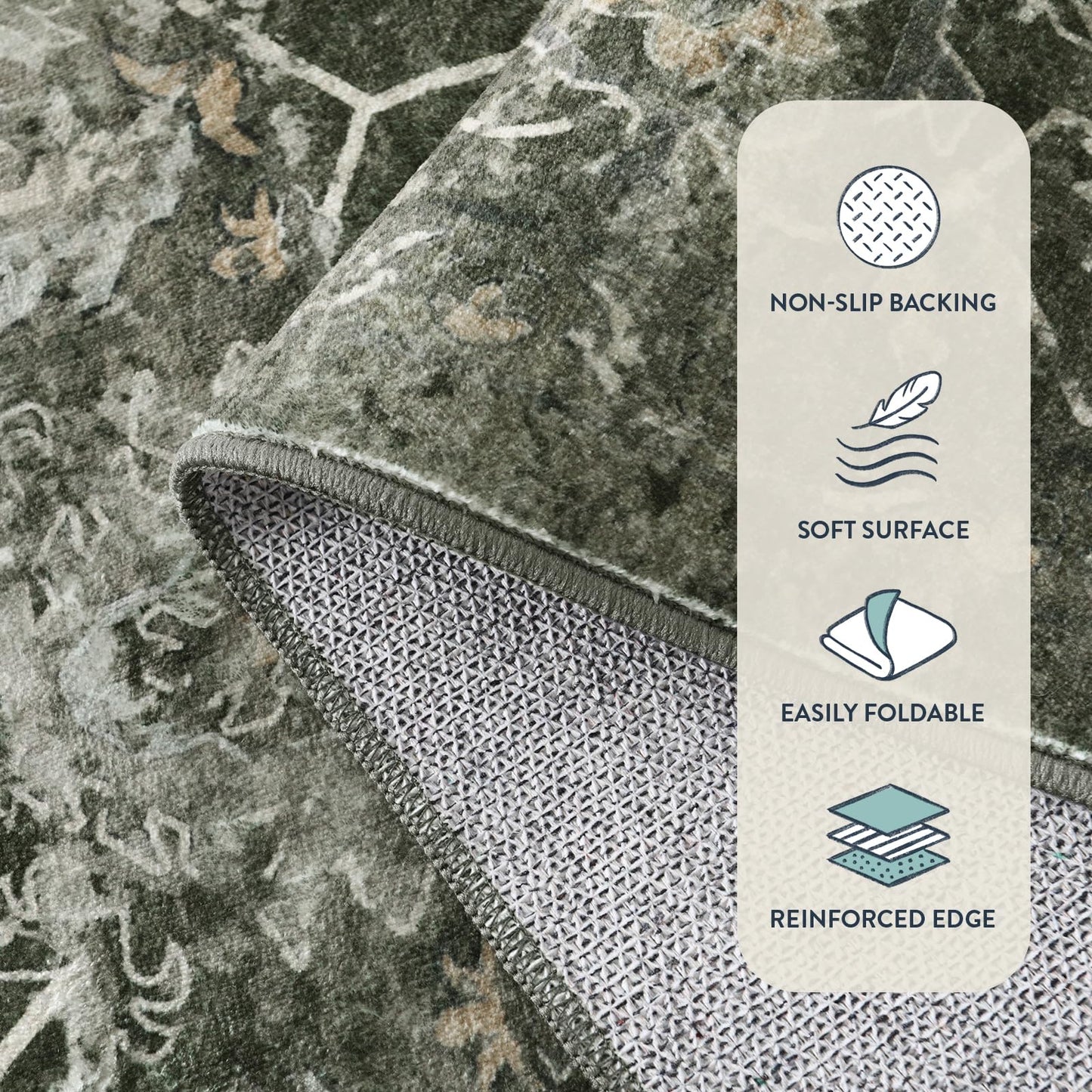 Lahome Margot Washable Area Rugs 5x7 Green Rugs for Living Room,Boho Rug for Bedroom, Distressed Non Slip Low Pile Carpet for Indoor Home Office Dining Room (5'x7', Green)