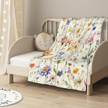 Garden Wildflowers Throw Blanket, Spring Blanket Throw for Adults, Lightweight Soft Cozy Blanket for Couch Sofa Bed Room Decor 50x60 Inches