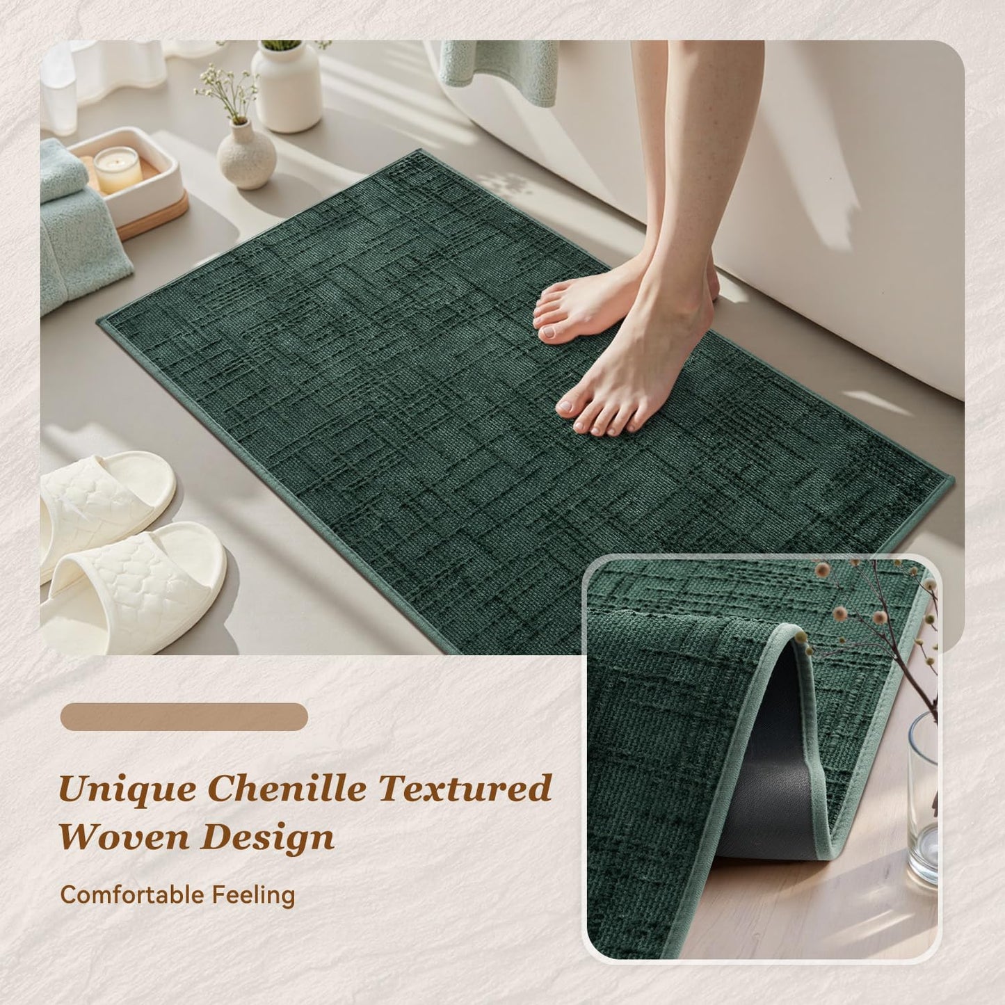 AMOAMI Bath Mat Non Slip Super Absorbent Quick Dry Bath Mats for Bathroom Floor Rubber Backing Washable Bathroom Rugs Modern Woven Jacquard Mat, Beside Tub Bath Rugs, 24" x 36", Green