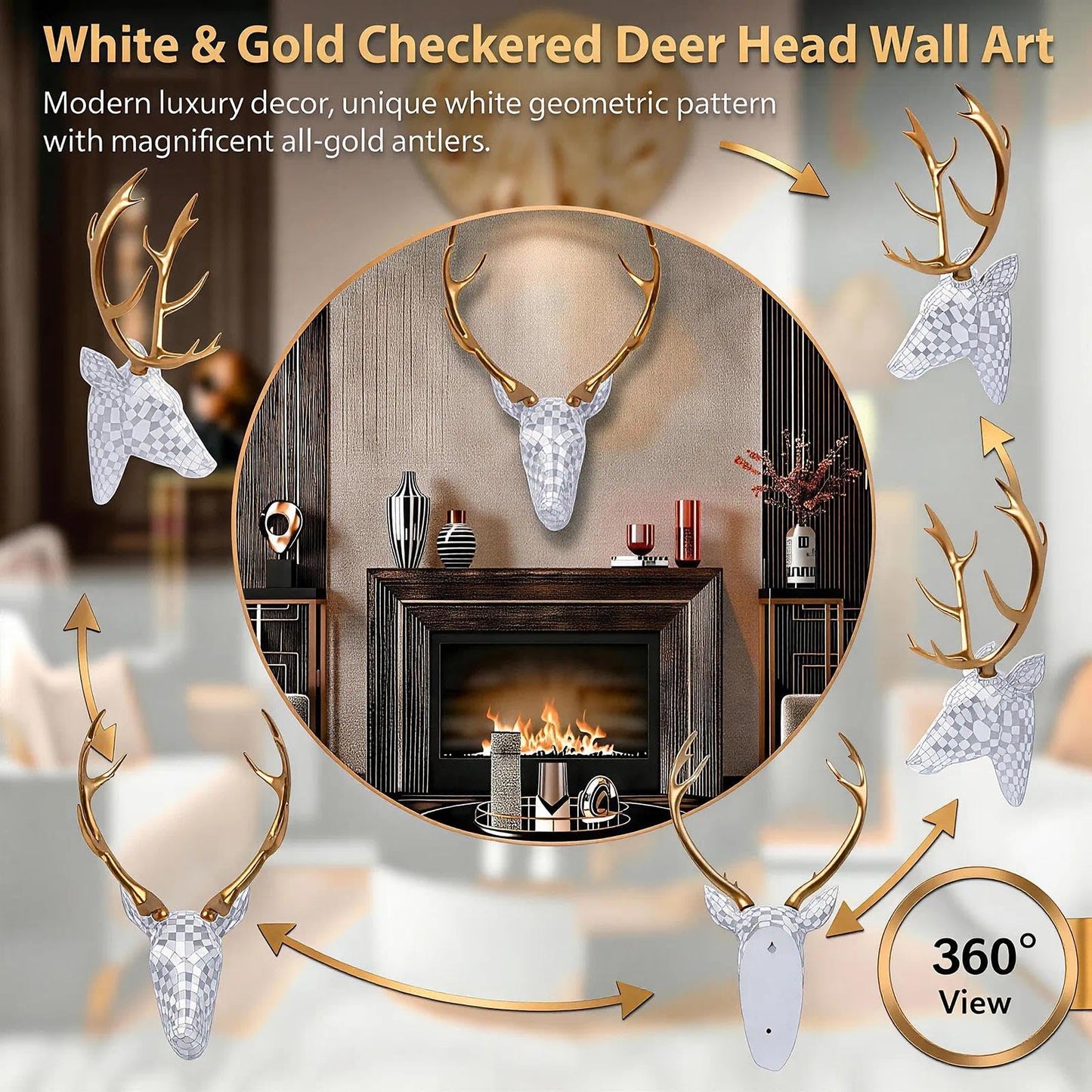 GIGICICI Mosaic Deer Head Wall Decor 15.7x8.7 Inch, Artistic Faux Resin Animal Head Wall Sculpture Hanging for Living Room Bedroom Kitchen Office, Gold-Silver Gift
