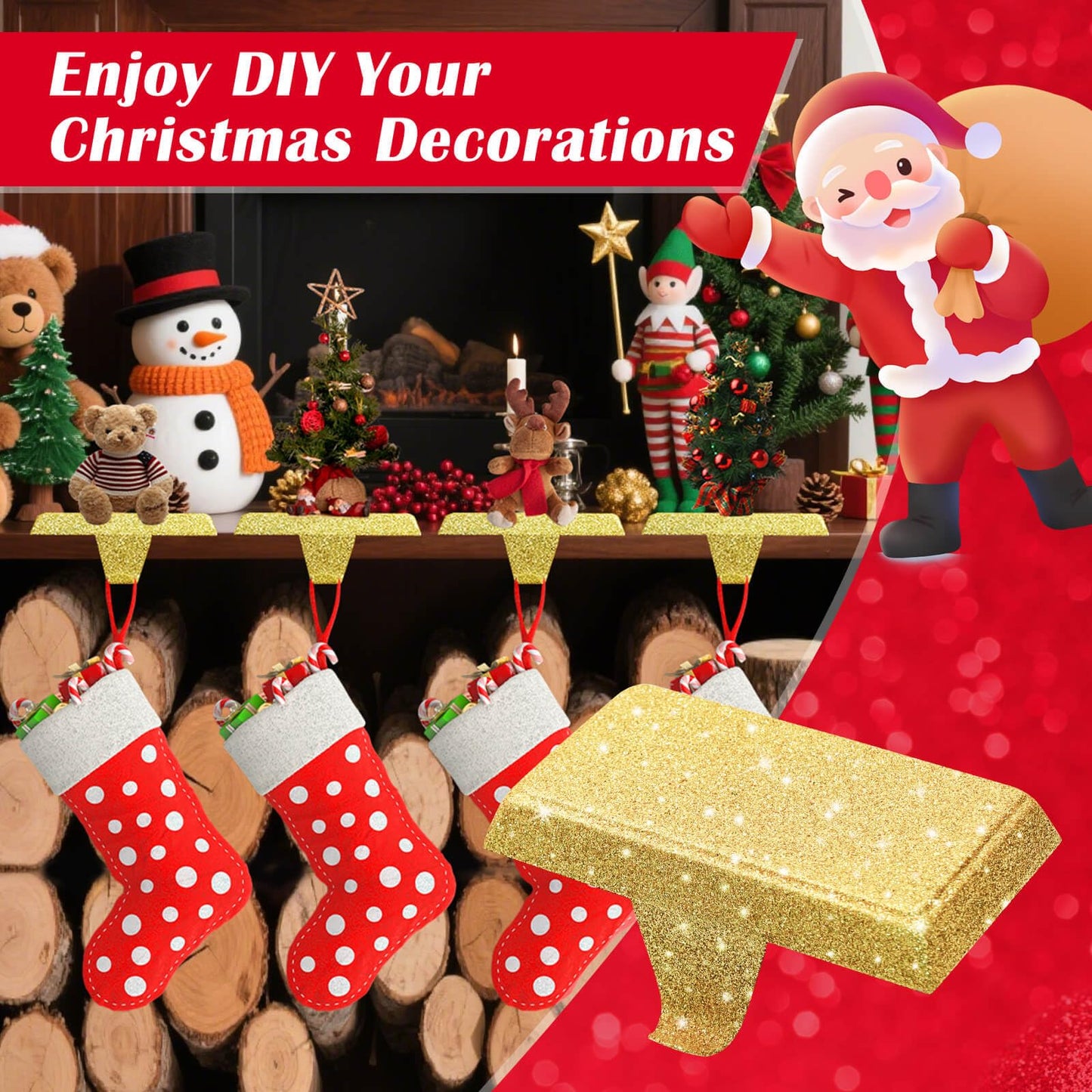 GoClimber Christmas Stocking Holders for Mantle Set of 4, Weighted Stocking Holder Fireplace Stocking Hangers for Xmas Holiday Party Decoration