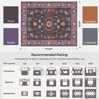 Kokia Living Room Area Rug 5x7 Soft Washable Non Slip Low Pile Purple Oriental Medallion Stain Resistant Rugs for Bedroom, Dining Room, Kitchen, Indoor Leisure Rooms, Nova Violet Plum Pumpkin