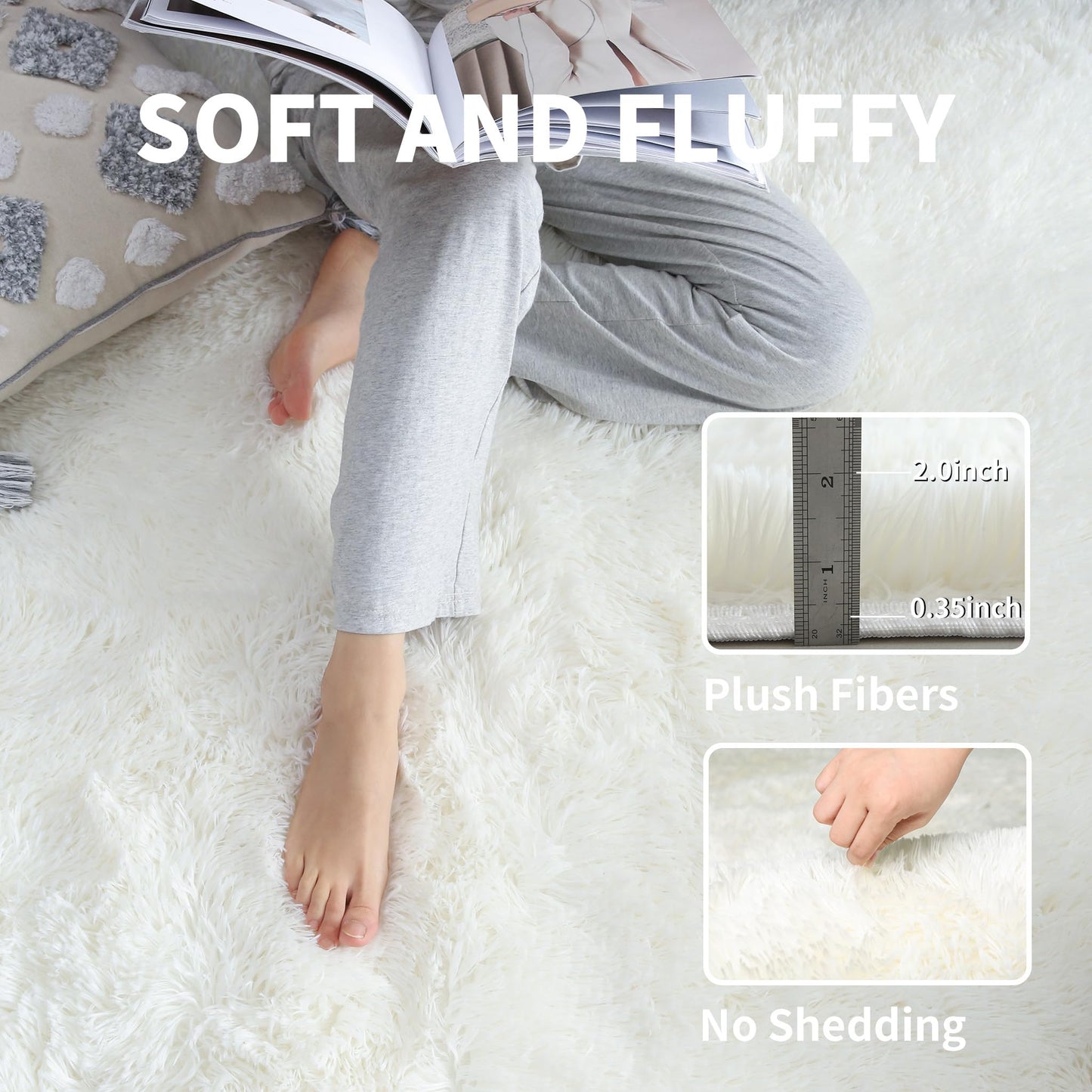 KCHOWUA Cream White Fluffy Shag Rug for Bedroom,4'x6' Machine Washable Soft Shaggy Fuzzy Small Area Rugs for Living Room,Cute Furry Plush Kids Rugs Nursery Dorm Boys Girls Bed Room Carpets,Ivory