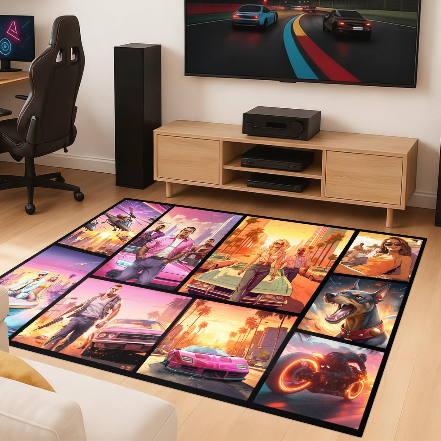 Gaming Area Rug Teen Boys Carpet, Non-Slip Comic Splicing Style Rug with Upgrade Rubber Backing, Stain Resistant Faux Wool Distressed Carpet for Game PlayRoom, Bedroom, Living Room (Autos, 79" x 59")