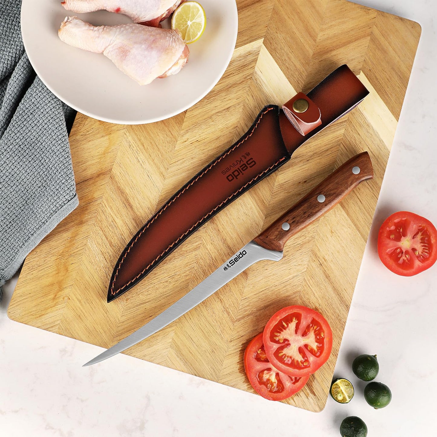 Seido Knives Caveman 7.5" Fillet Knife – Flexible Stainless Steel Blade with Rosewood Handle & Leather Sheath