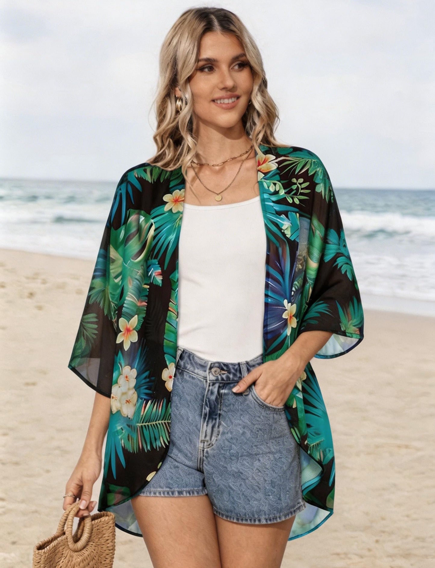 Women's Floral Print Puff Sleeve Kimono Cardigan Loose Cover Up Casual Blouse Tops (Black Green Print, 3XL)