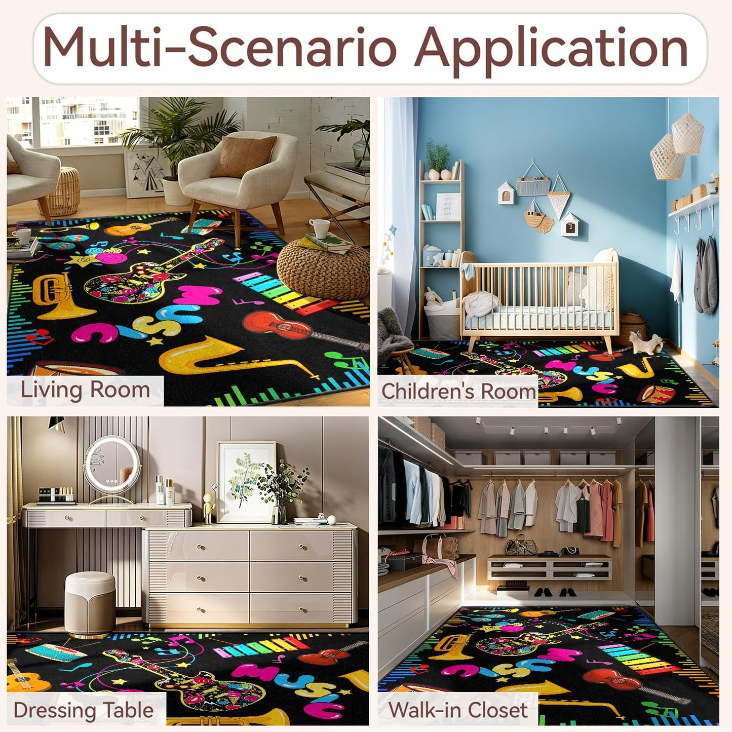 PLMHXC Musical Notes Musical Elements Printed Area Rug, 3x4ft, Guitar Drum Music Keyboard Classroom Playmat for Preschool, Durable Low Pile Fade Resistant Reduce Noise Rugs for Hallway Indoor